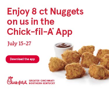 Enjoy 8 ct Nuggets on us in the Chick-fil-A App July 15-27th. Photo of 8 ct Nugget and dipping sauce. Chick-fil-A logo