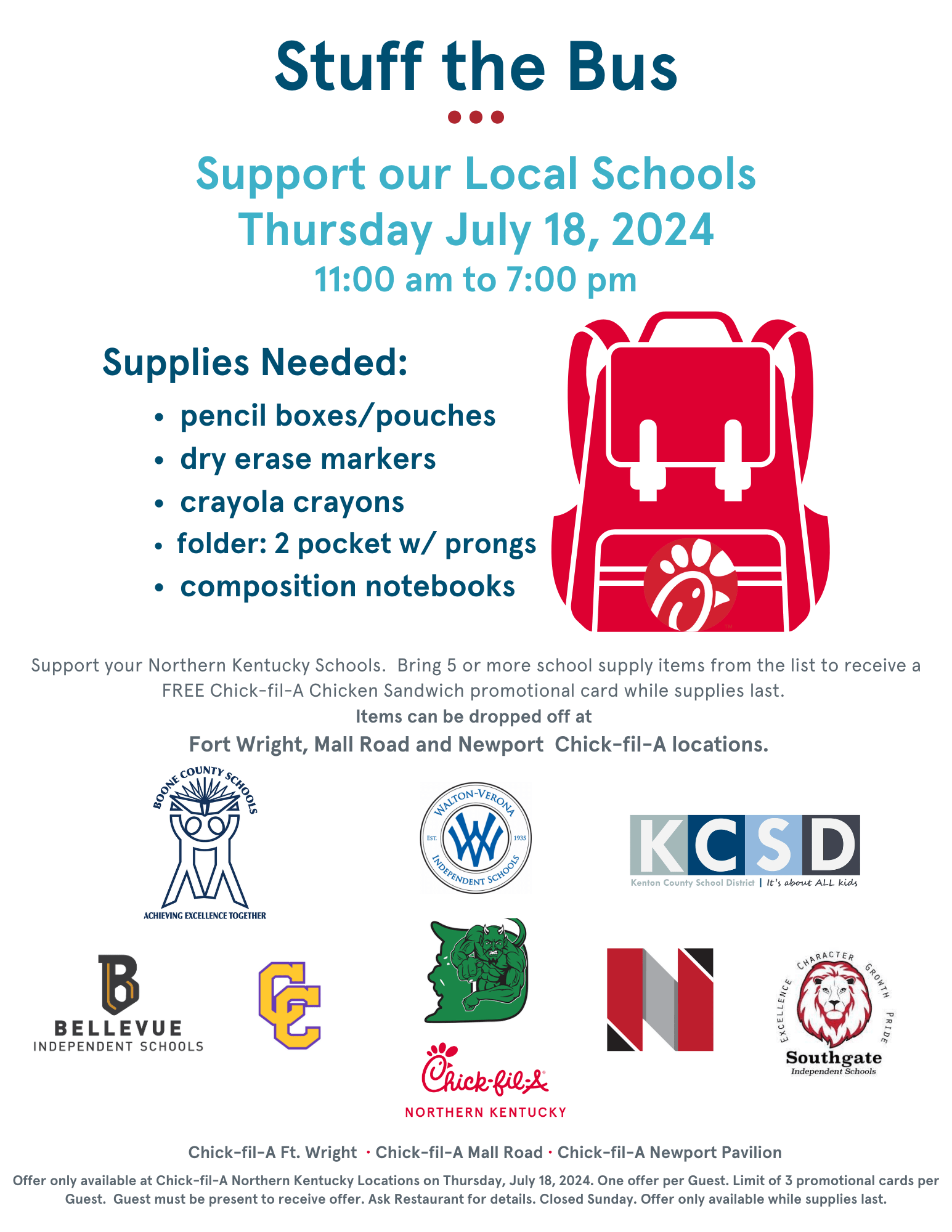NKY Chick-fil-A Stuff The Bus Challenge flyer listing school supplies and participating school districts. Supply drive is July 18th 11 a.m - 7 p.m.