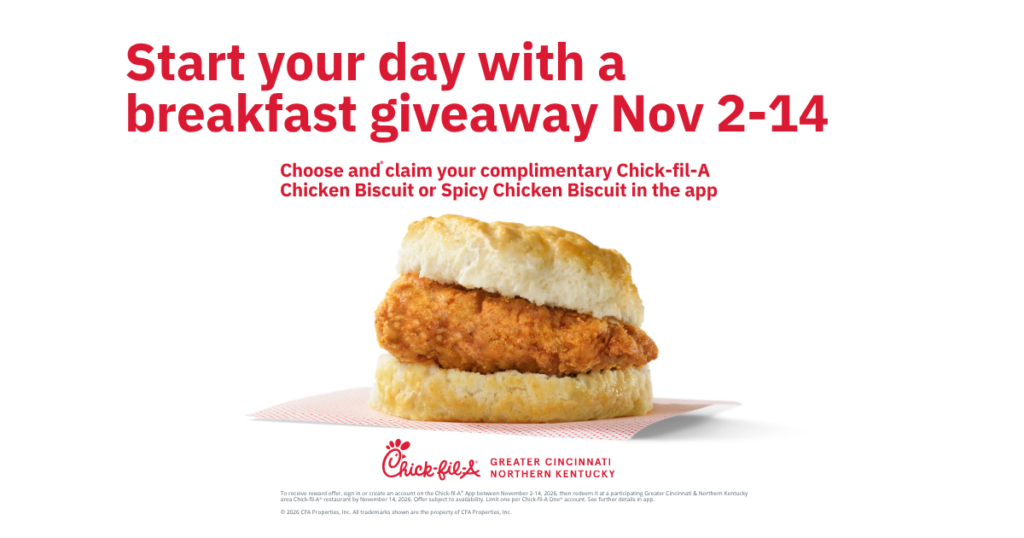 Chick-fil-A Chicken Biscuit reward in the app Nov 2- 14. Regular or spicy. Shows Chicken Biscuit beauty shot.